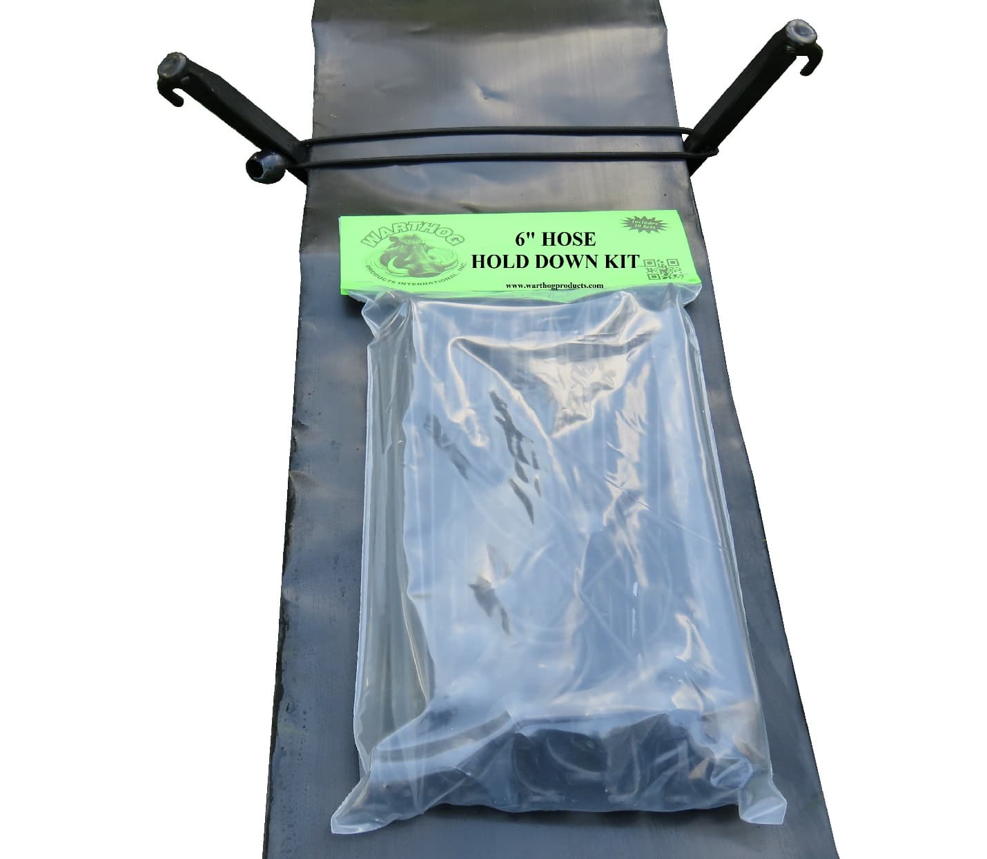 Warthog Hose Hold-Down Kit installed over a lay-flat hose with pegs and bungee cord